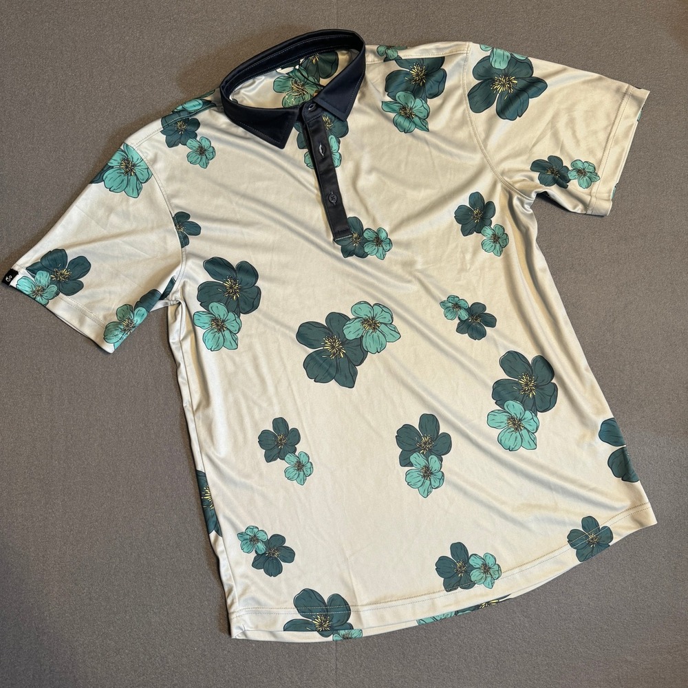 Swannies Walker Golf Polo‎ Mens Shirt Medium NWT Floral Blue Dogwood Print Hydro
